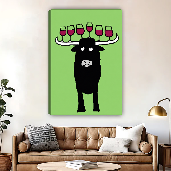 Longhorn Wine Balance Canvas Wall Art unframed above a brown leather sofa and brass lamp.