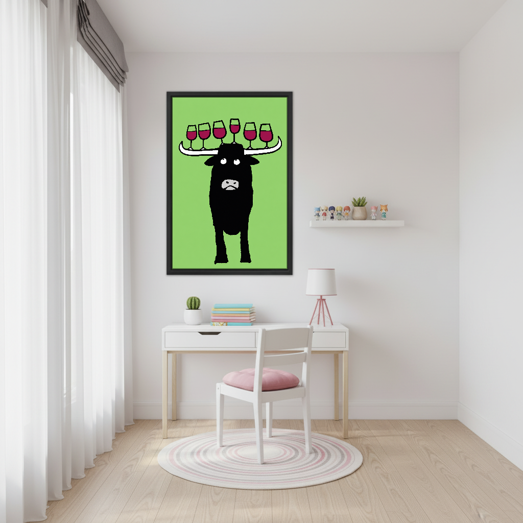 Longhorn Wine Balance Canvas Wall Art framed above a white desk beside a pale pink chair.