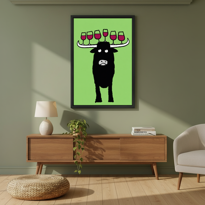Longhorn Wine Balance Canvas Wall Art framed above a wood console against an olive wall.