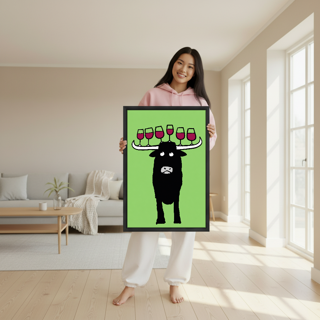 Longhorn Wine Balance Canvas Wall Art held in a black frame by a woman in pink.
