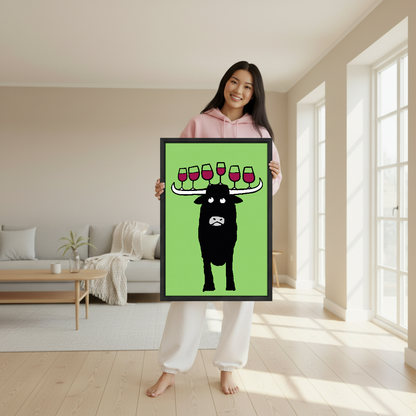 Longhorn Wine Balance Canvas Wall Art held in a black frame by a woman in pink.