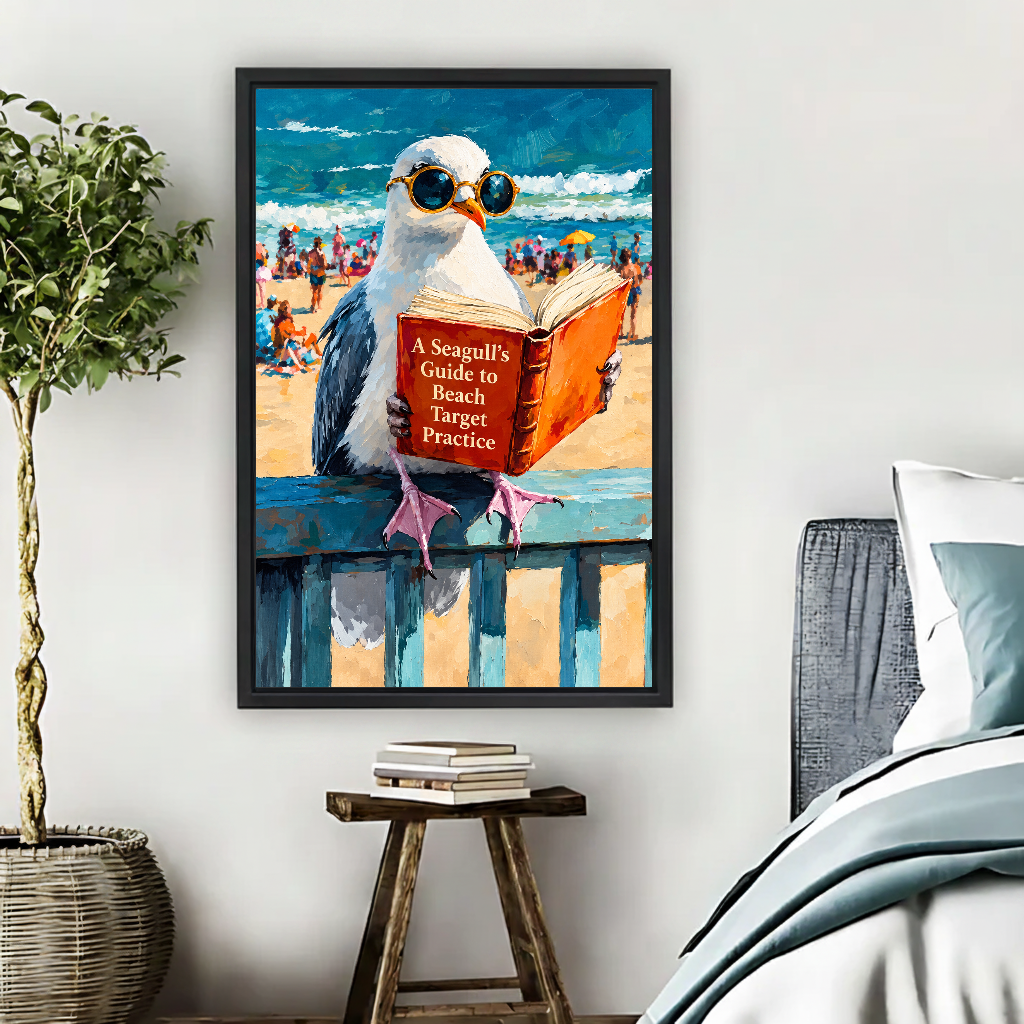 Beach Reading Seagull Canvas Wall Art framed above pale blue bedding beside books and plants.