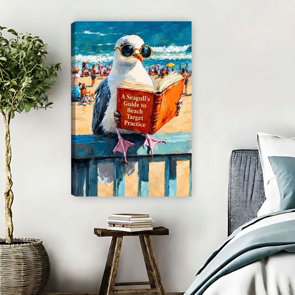 Beach Reading Seagull Canvas Wall Art unframed above pale blue bedding beside a potted tree.