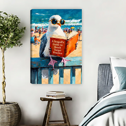 Beach Reading Seagull Canvas Wall Art unframed above pale blue bedding beside a potted tree.