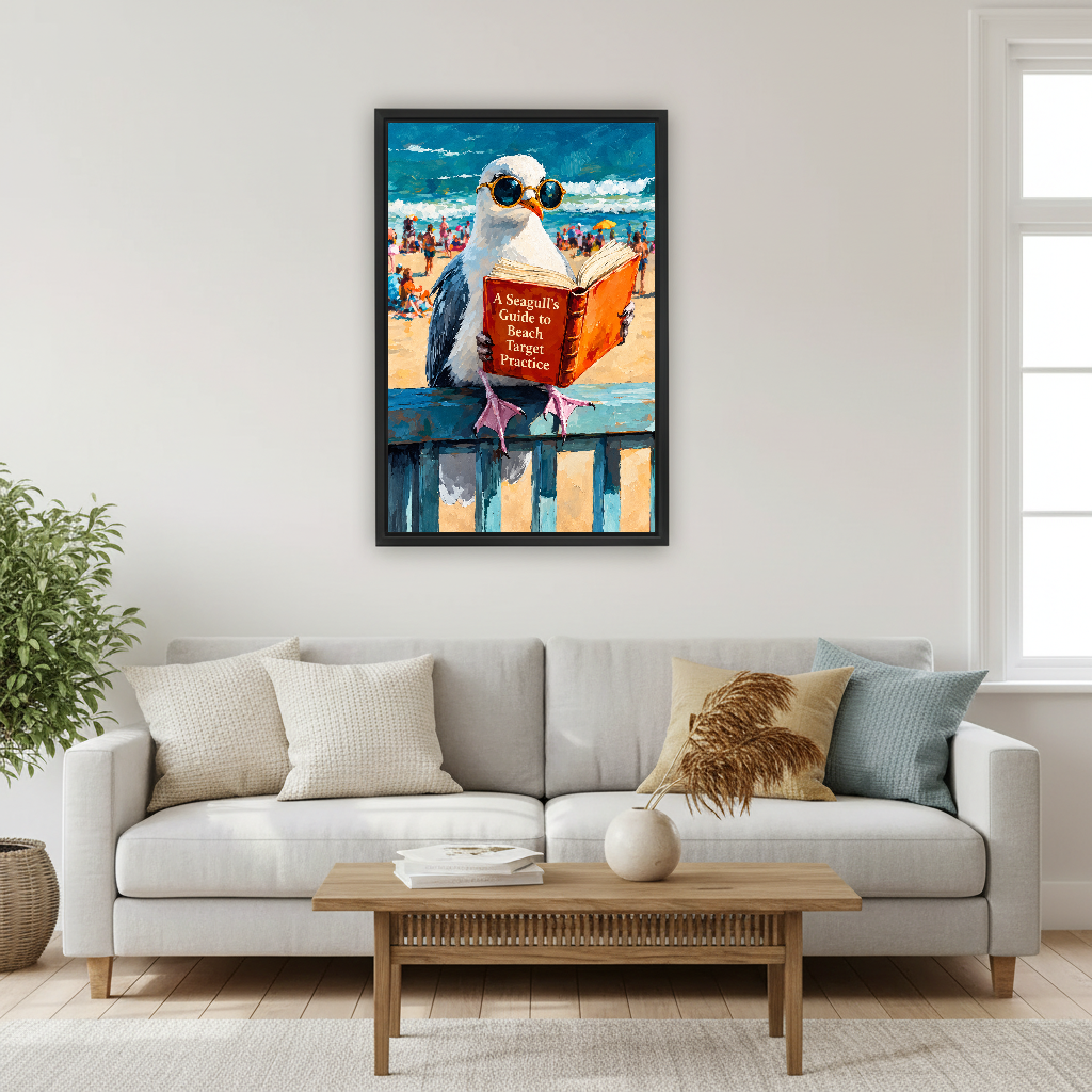 Beach Reading Seagull Canvas Wall Art framed above a cream sofa with blue cushions.