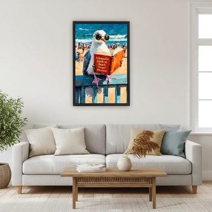Beach Reading Seagull Canvas Wall Art framed above a cream sofa with blue cushions.