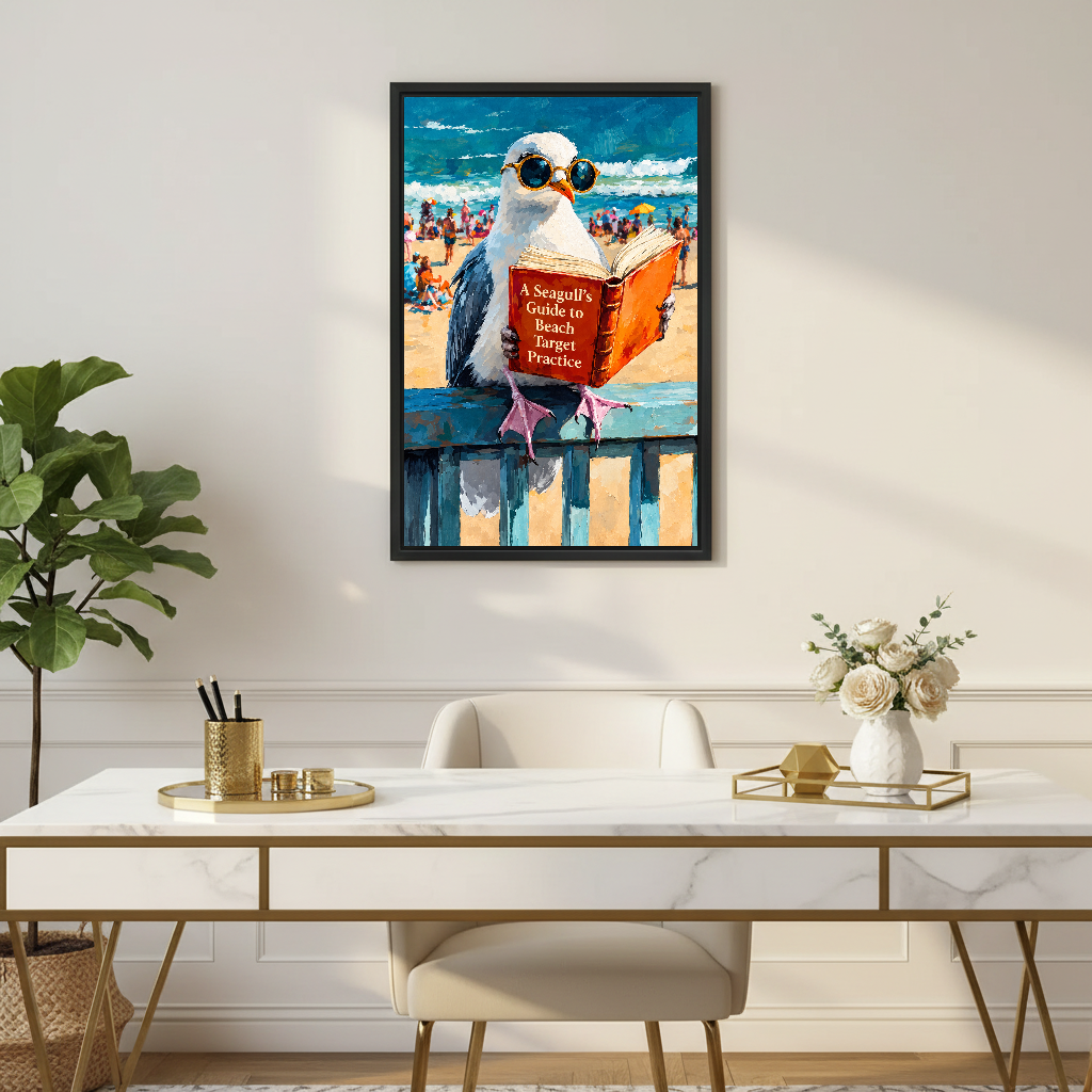 Beach Reading Seagull Canvas Wall Art framed above a white desk with gold legs and plants.