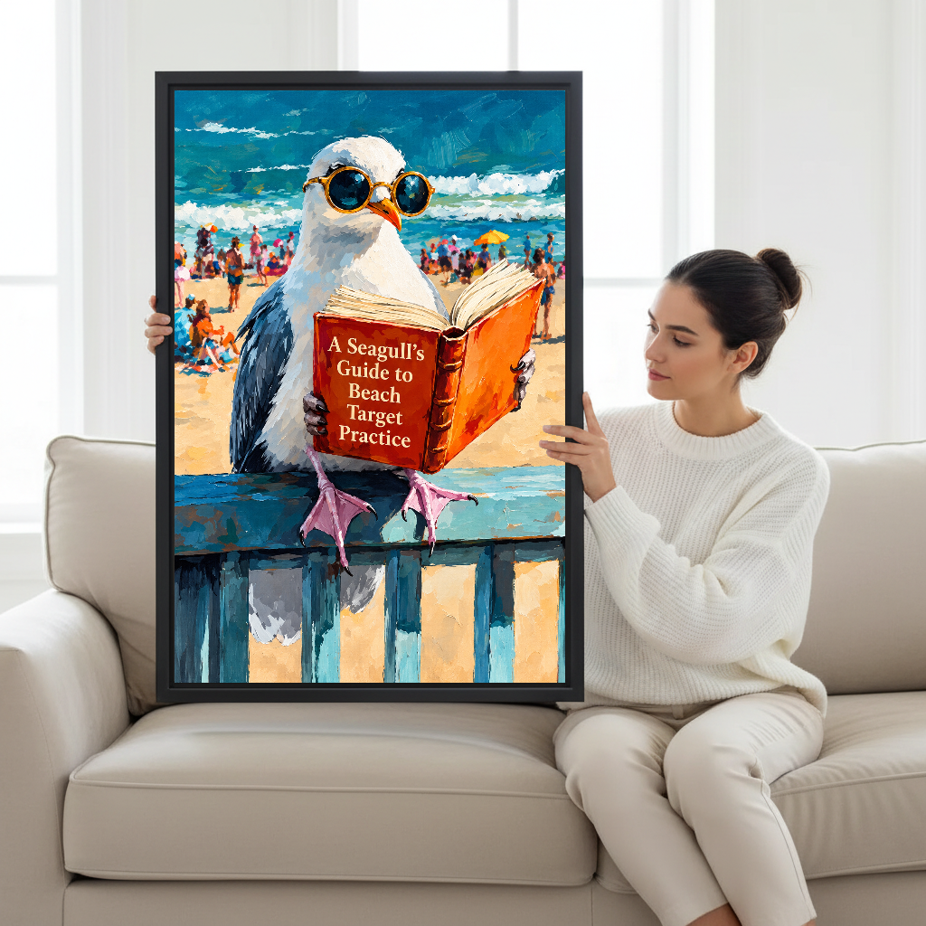 Beach Reading Seagull Canvas Wall Art held by a seated woman beside a cream sofa.