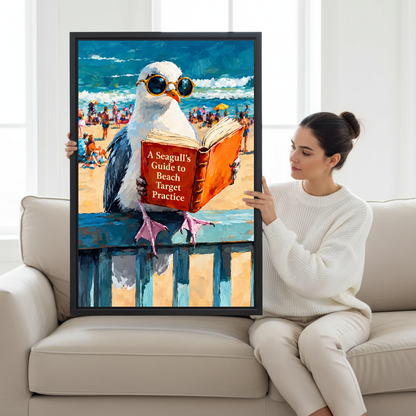 Beach Reading Seagull Canvas Wall Art held by a seated woman beside a cream sofa.
