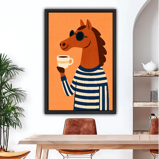 Coffee Break Horse Canvas Wall Art framed above a wood desk beneath a bright archway.