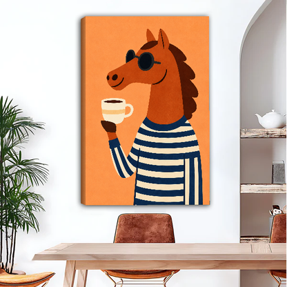 Coffee Break Horse Canvas Wall Art unframed above a wood desk beside a brown chair.