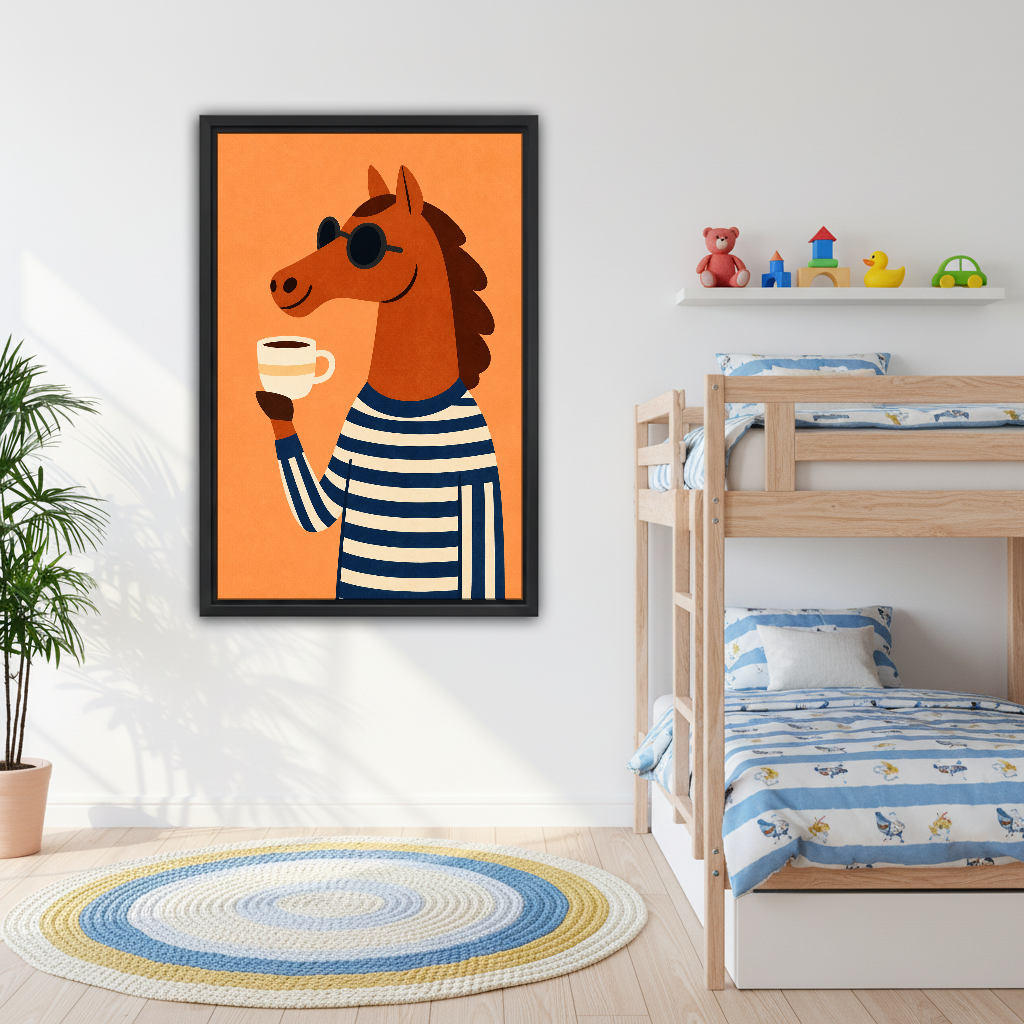 Coffee Break Horse Canvas Wall Art framed above bunk beds with blue nautical bedding.