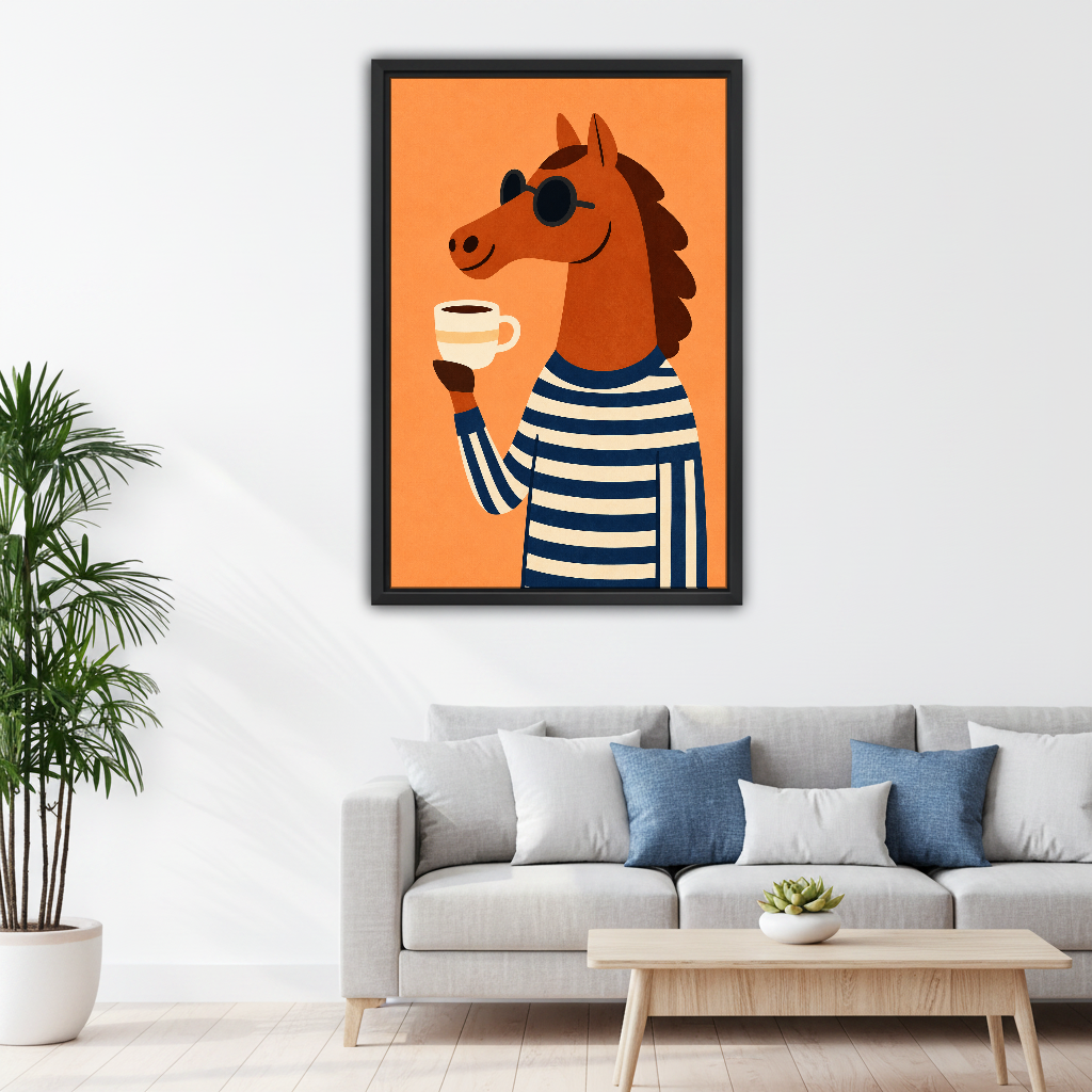 Coffee Break Horse Canvas Wall Art framed above a pale gray sofa with blue cushions.
