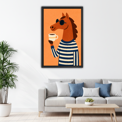 Coffee Break Horse Canvas Wall Art framed above a pale gray sofa with blue cushions.