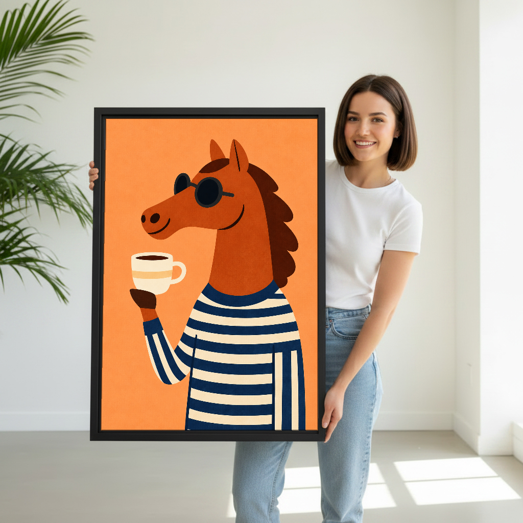 Coffee Break Horse Canvas Wall Art held by a woman in white shirt and jeans.