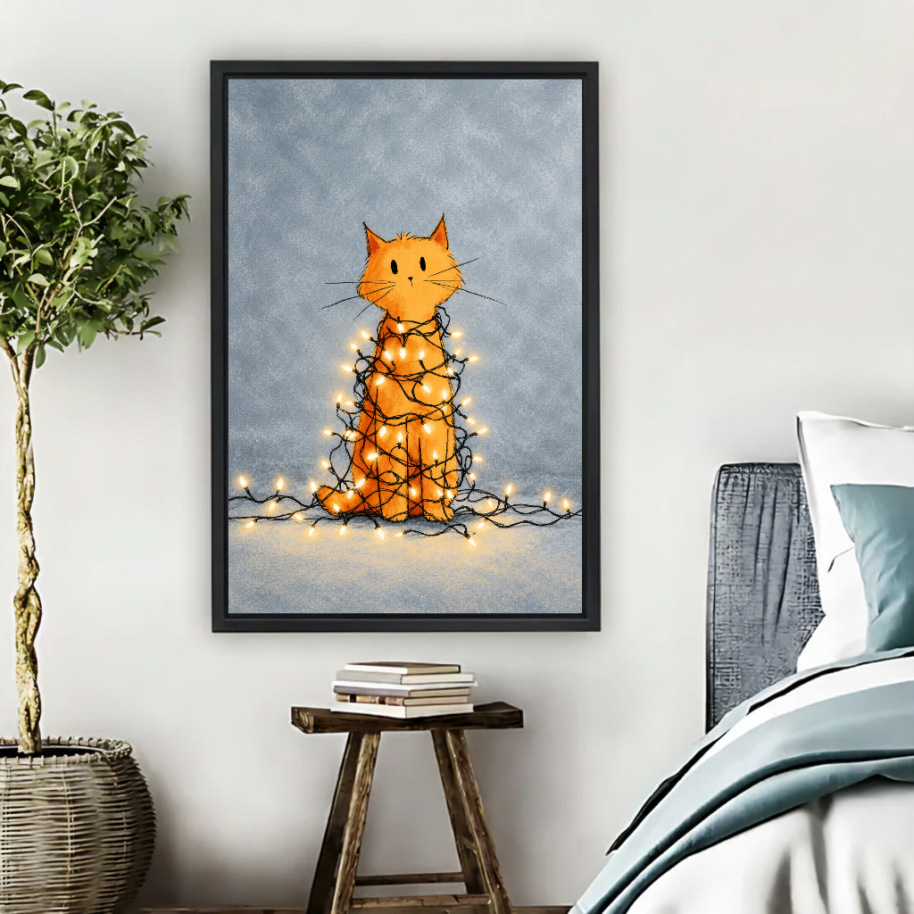 Tangled Christmas Cat Canvas Wall Art framed above pale blue bedding beside books and plants.