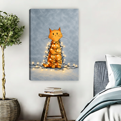 Tangled Christmas Cat Canvas Wall Art unframed above pale blue bedding beside a potted tree.