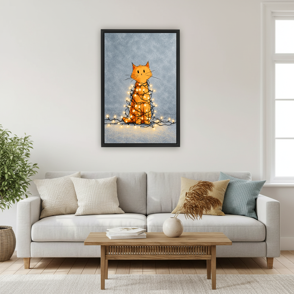 Tangled Christmas Cat Canvas Wall Art framed above a cream sofa with blue cushions.