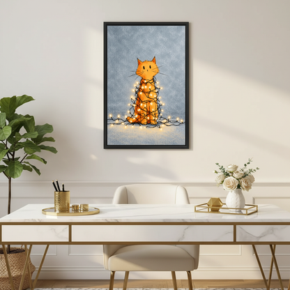 Tangled Christmas Cat Canvas Wall Art framed above a white desk with gold legs and plants.