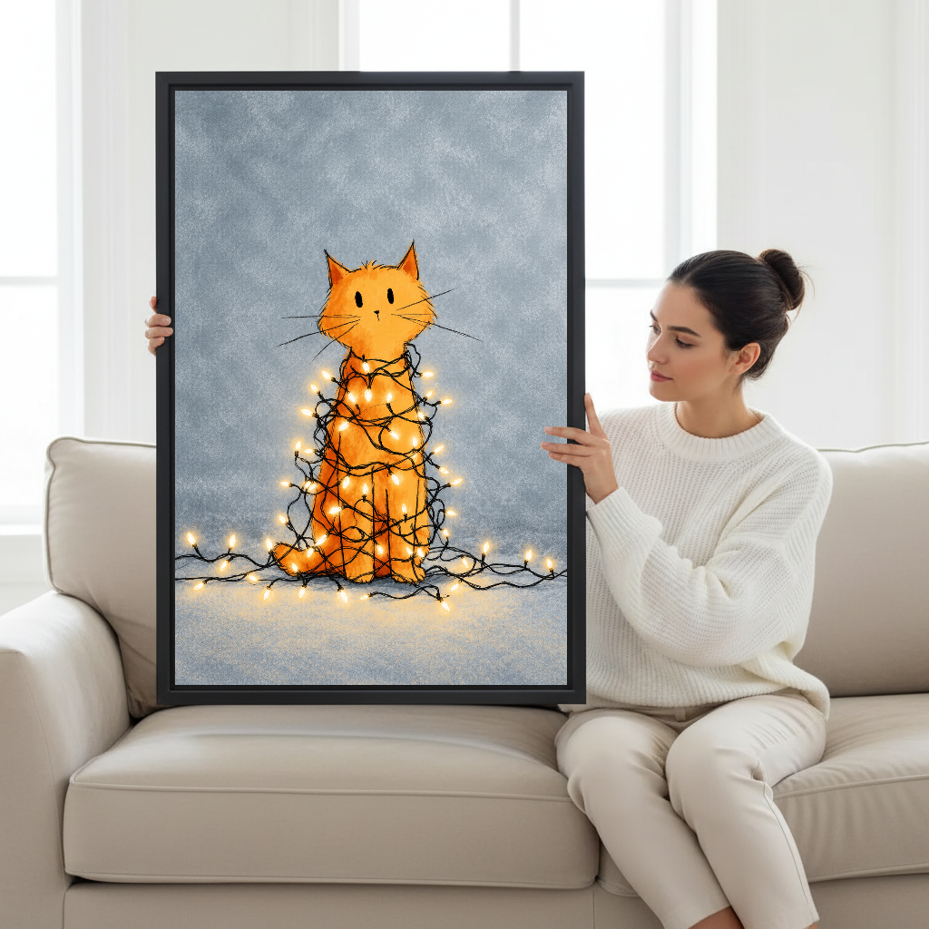 Tangled Christmas Cat Canvas Wall Art held by a seated woman beside a cream sofa.