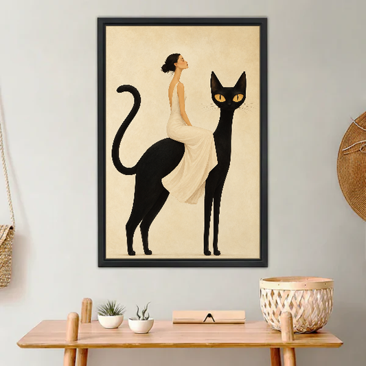 Elegant Cat Rider Canvas Wall Art framed above a light wood console with cacti.