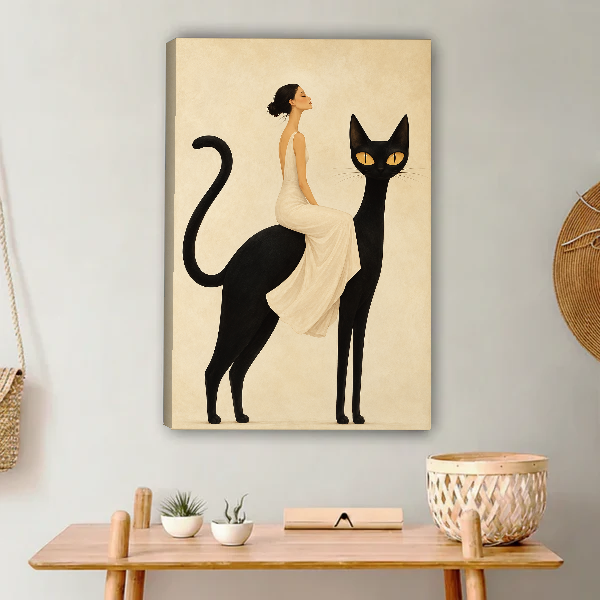 Elegant Cat Rider Canvas Wall Art unframed above a light wood console and woven basket.