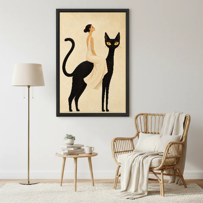 Elegant Cat Rider Canvas Wall Art framed beside a wicker armchair and brass floor lamp.