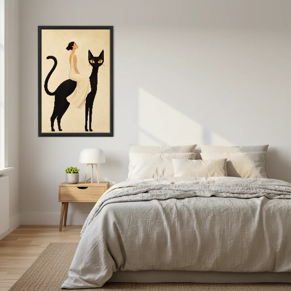 Elegant Cat Rider Canvas Wall Art framed above cream bedding and pale wood nightstands.