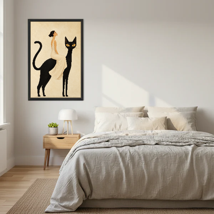 Elegant Cat Rider Canvas Wall Art framed above cream bedding and pale wood nightstands.