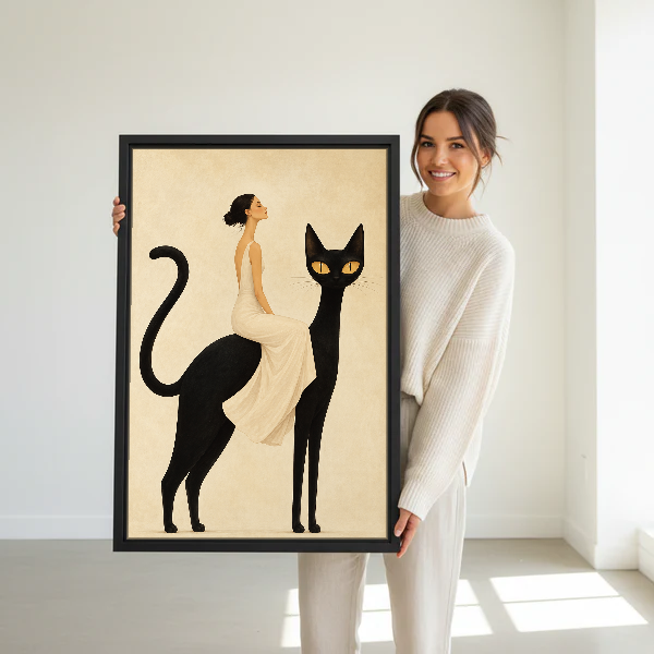 Elegant Cat Rider Canvas Wall Art held in a black frame by a woman in cream.