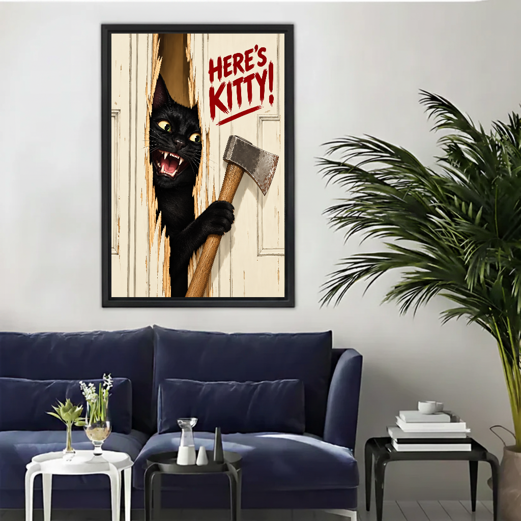 Heres Kitty Black Cat Canvas Wall Art framed above a navy sofa with palm and side tables.
