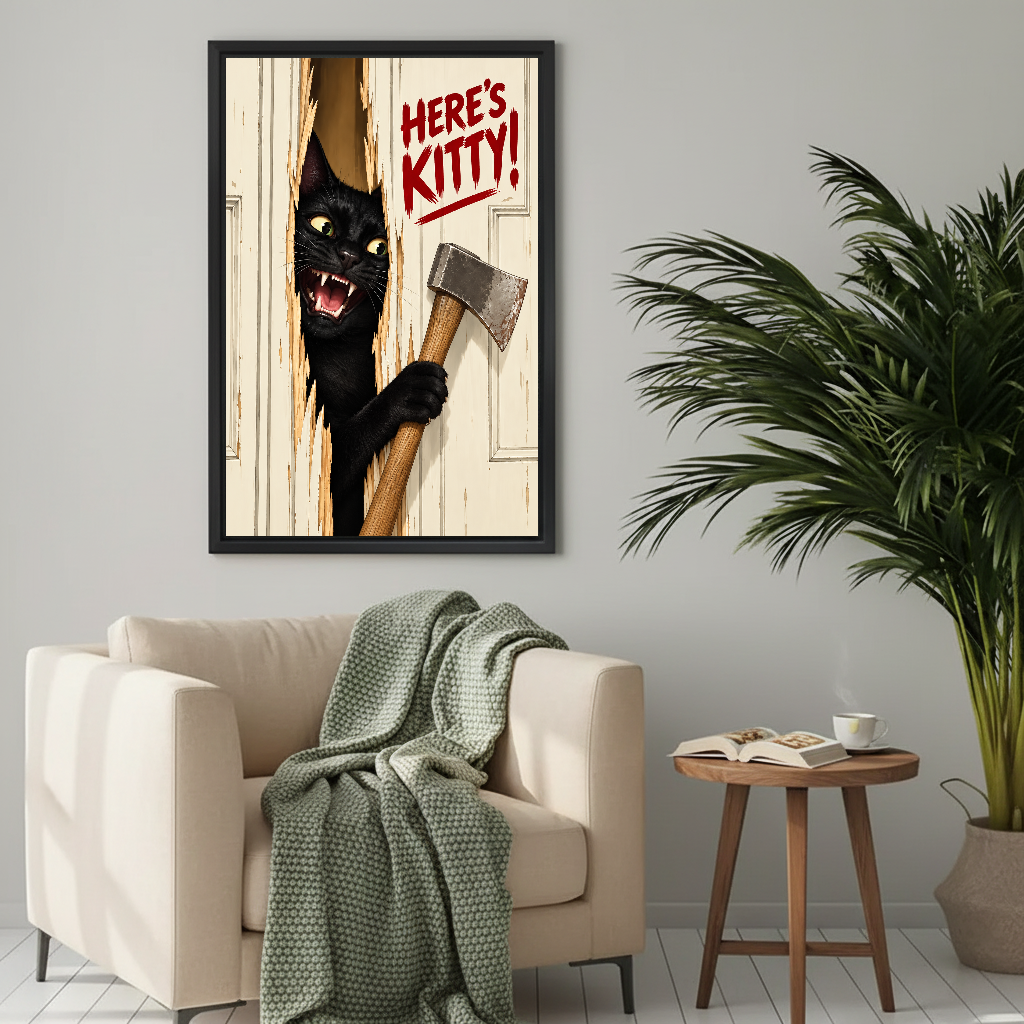 Heres Kitty Black Cat Canvas Wall Art framed above a cream armchair with green throw.