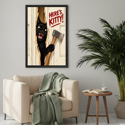 Heres Kitty Black Cat Canvas Wall Art framed above a cream armchair with green throw.