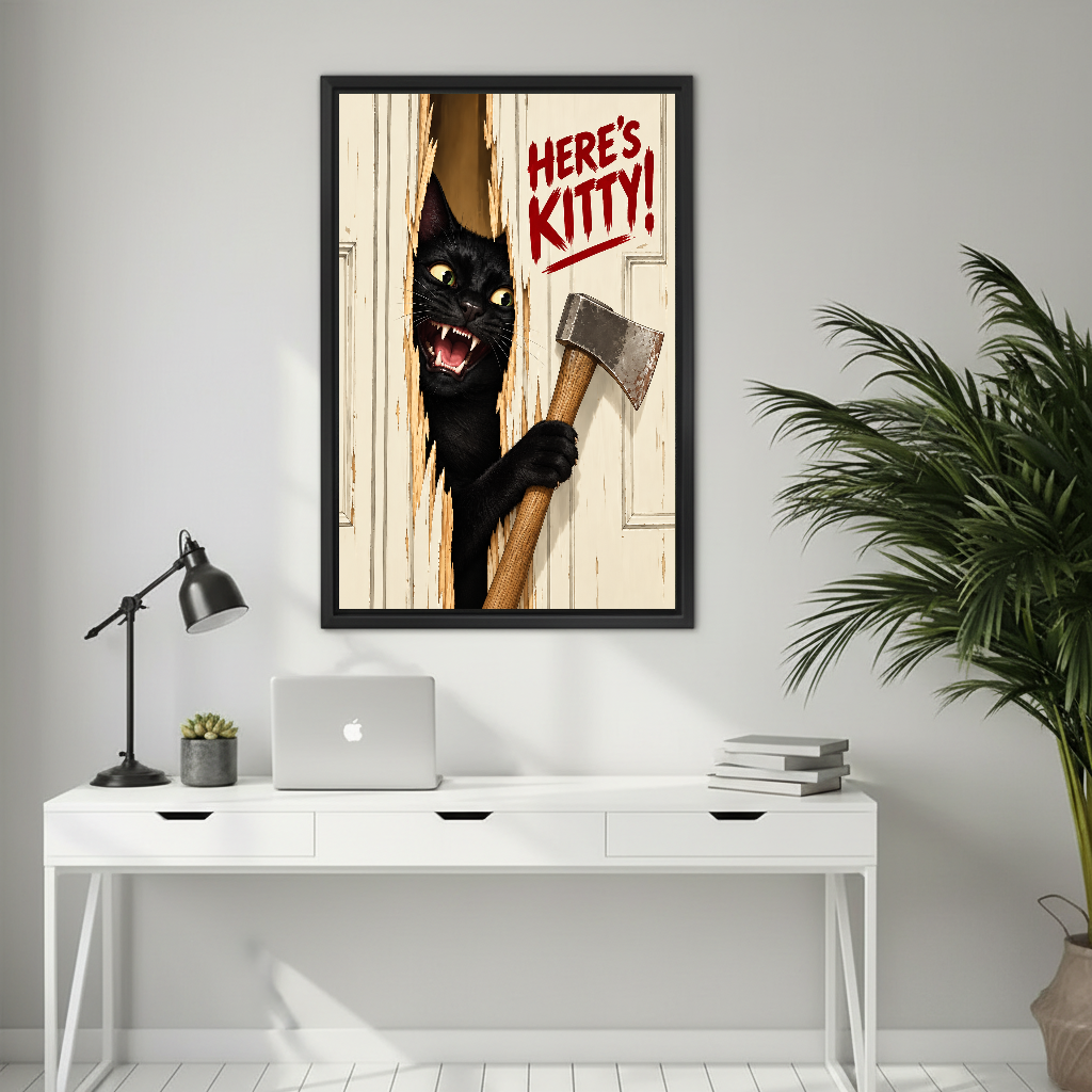 Heres Kitty Black Cat Canvas Wall Art framed above a white desk with laptop and task lamp.