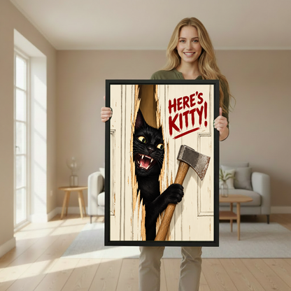 Heres Kitty Black Cat Canvas Wall Art held in a black portrait frame by a standing woman.