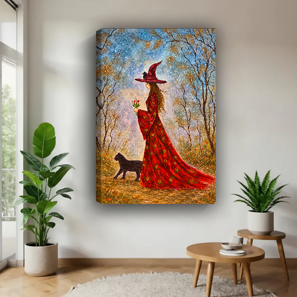 Woodland Witch Companion Canvas Wall Art unframed above a pale wood table beside green plants.