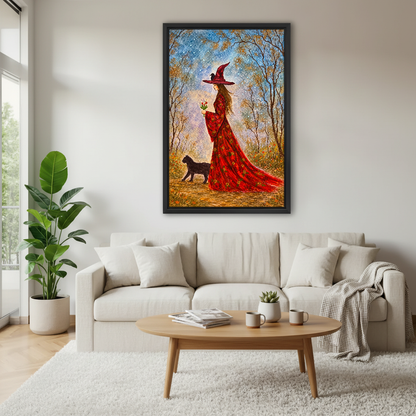 Woodland Witch Companion Canvas Wall Art framed above a cream sofa and round wood table.