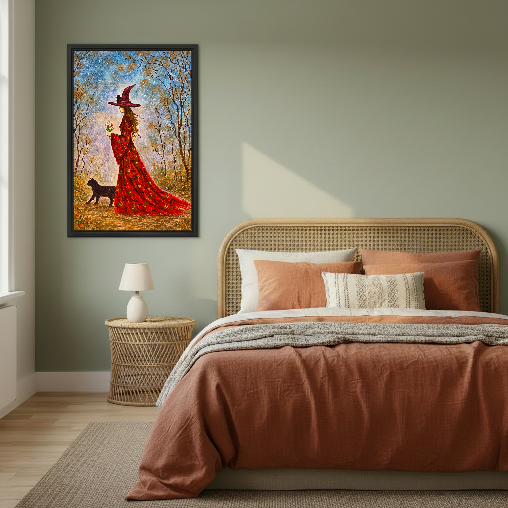 Woodland Witch Companion Canvas Wall Art framed above rust bedding against a muted olive wall.