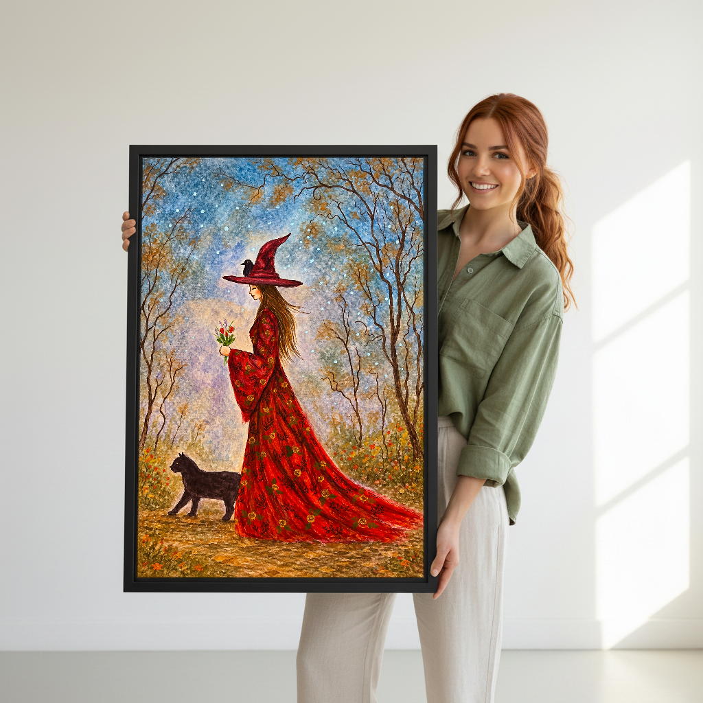 Woodland Witch Companion Canvas Wall Art held in a black frame by a woman in green.