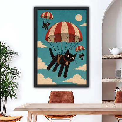Parachuting Cat Adventure Canvas Wall Art framed above a wood desk beneath a bright archway.