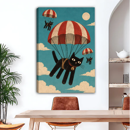 Parachuting Cat Adventure Canvas Wall Art unframed above a wood desk beside a brown chair.