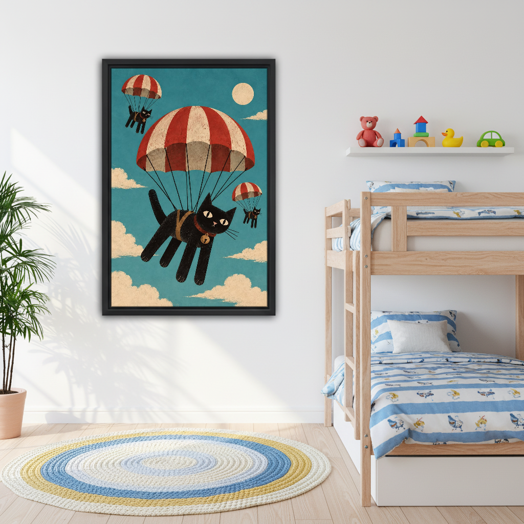 Parachuting Cat Adventure Canvas Wall Art framed above bunk beds with blue nautical bedding.