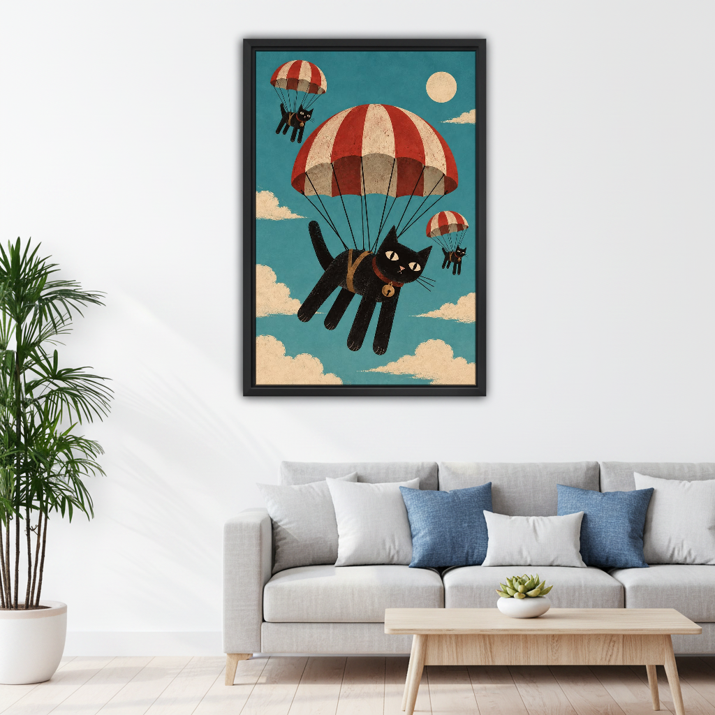 Parachuting Cat Adventure Canvas Wall Art framed above a pale gray sofa with blue cushions.
