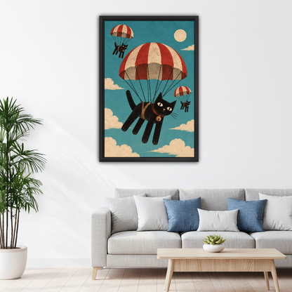 Parachuting Cat Adventure Canvas Wall Art framed above a pale gray sofa with blue cushions.