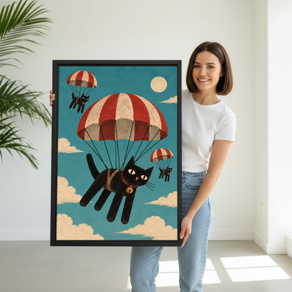 Parachuting Cat Adventure Canvas Wall Art held by a woman in white shirt and jeans.