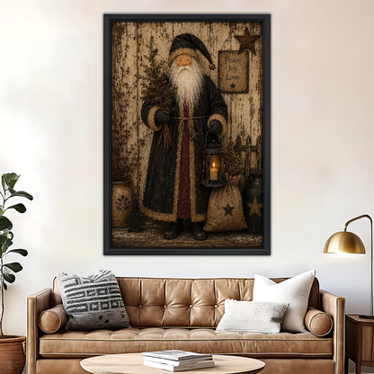 Rustic Santa Lantern Canvas Wall Art framed above a brown leather sofa and brass lamp.