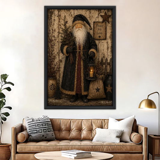 Rustic Santa Lantern Canvas Wall Art framed above a brown leather sofa and brass lamp.