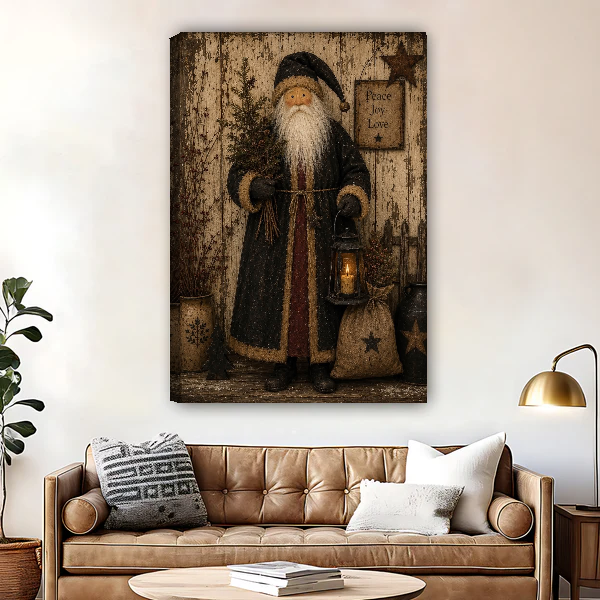 Rustic Santa Lantern Canvas Wall Art unframed above a brown leather sofa and brass lamp.