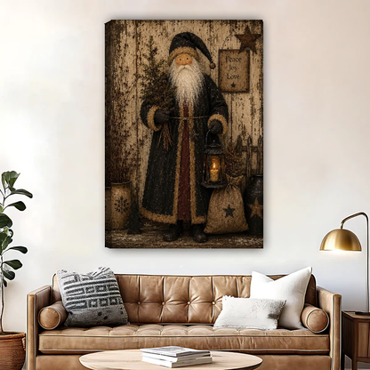 Rustic Santa Lantern Canvas Wall Art unframed above a brown leather sofa and brass lamp.