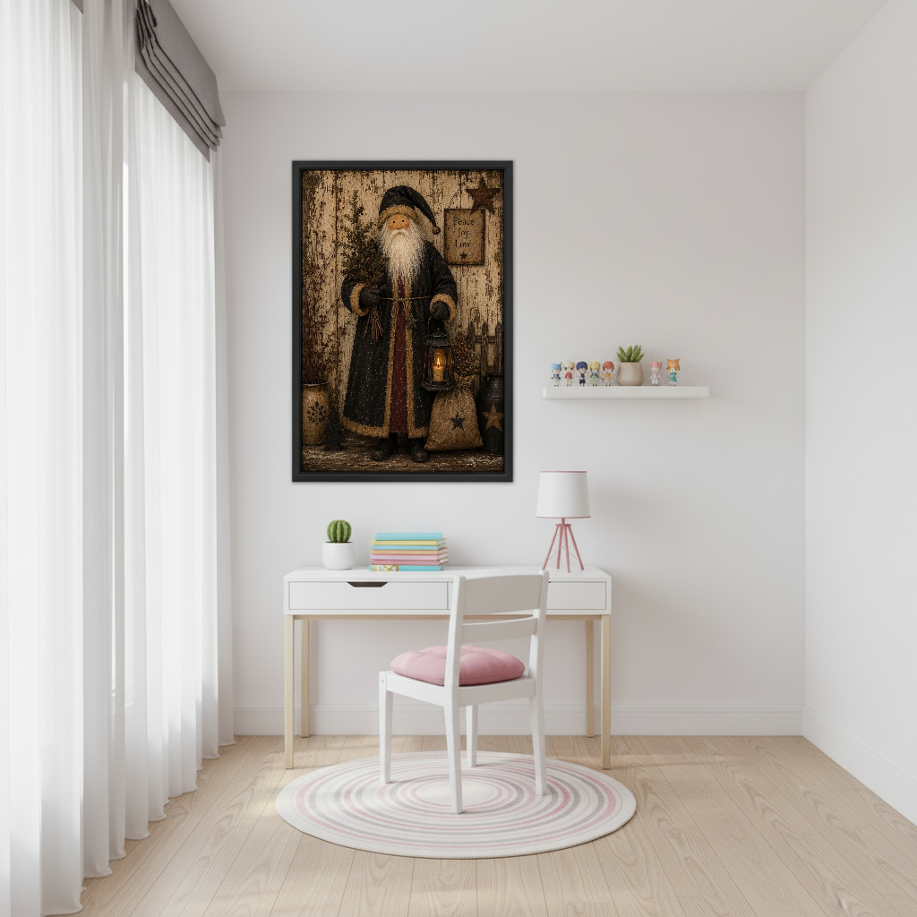 Rustic Santa Lantern Canvas Wall Art framed above a white desk beside a pale pink chair.